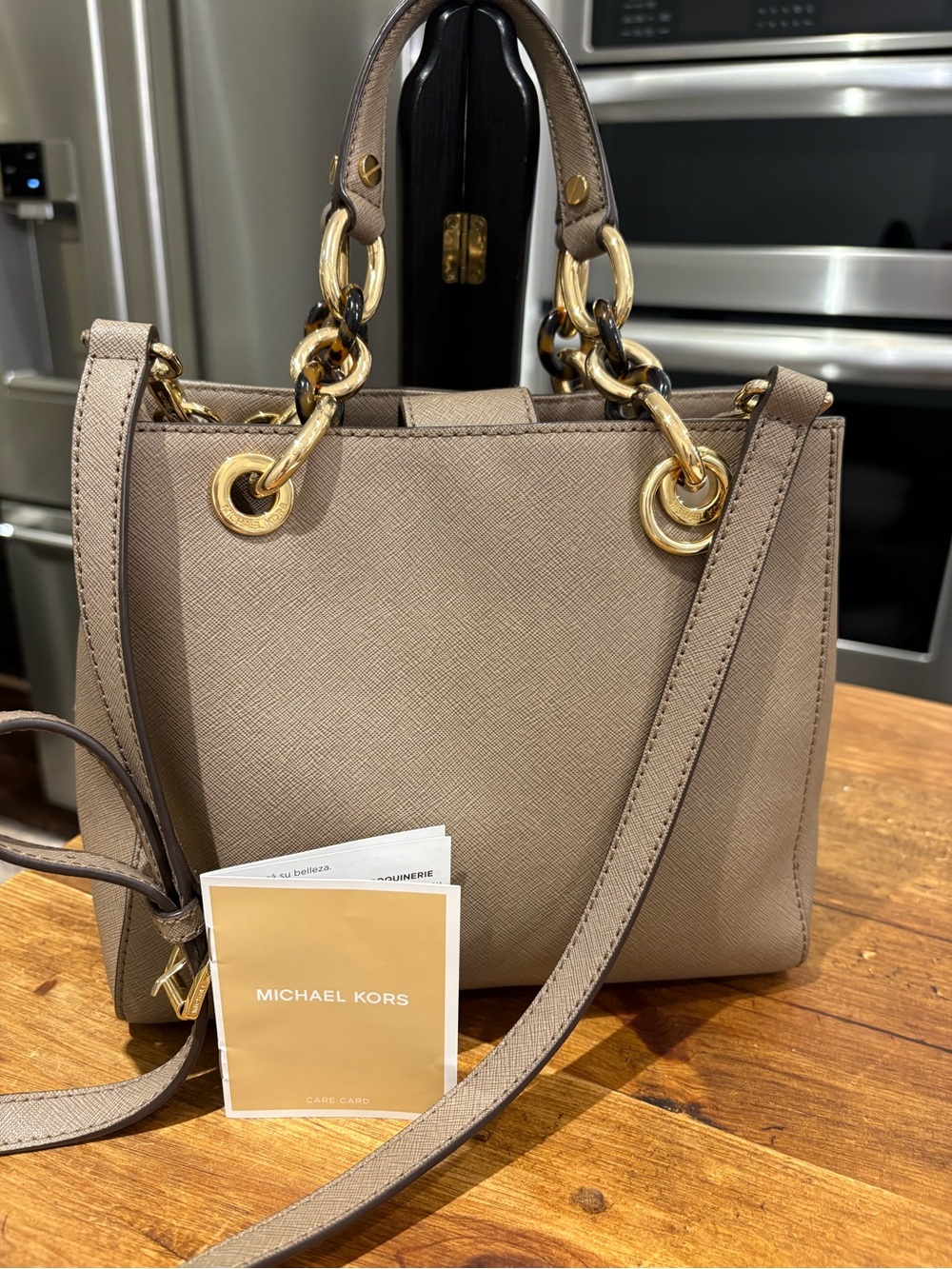 Michael Kors Taupe Saffiano Leather Satchel with Gold Hardware